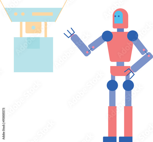 A robot is looking at the parcel delivering by a drone.