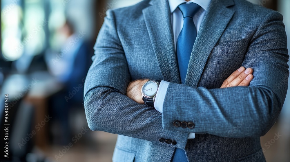 Business professional in a tailored suit standing confidently with arms crossed in a modern office setting during the day Business professional in a tailored suit standing confidently with arms crossed in a modern office setting during the day