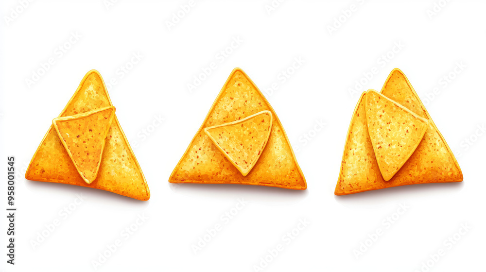 Three crispy corn tortilla nacho chips, isolated on a white background with a clipping path Three crispy corn tortilla nacho chips, isolated on a white background with a clipping path