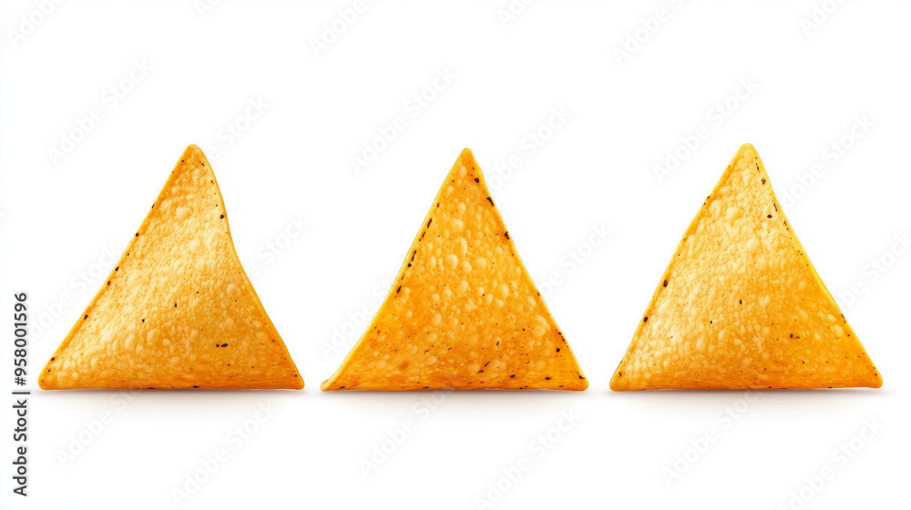 Three crispy corn tortilla nacho chips, isolated on a white background with a clipping path Three crispy corn tortilla nacho chips, isolated on a white background with a clipping path