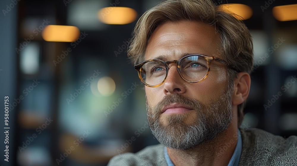 Thoughtful man with glasses in a cozy café during the day reflecting on life and ideas Thoughtful man with glasses in a cozy café during the day reflecting on life and ideas