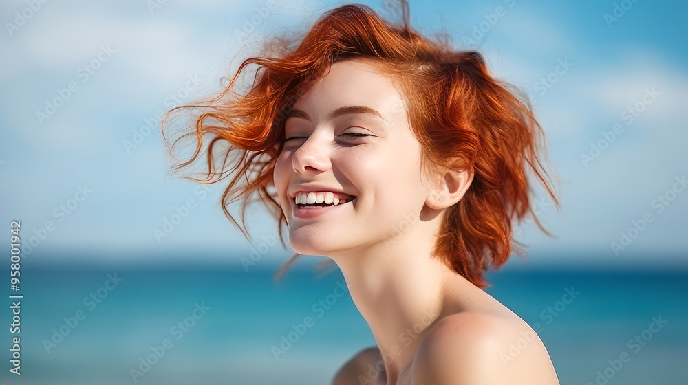 Portrait of a smiling cheerful teenage girl with a short haircut and red hair, light blue background, banner. Portrait of a smiling cheerful teenage girl with a short haircut and red hair, light blue background, banner.