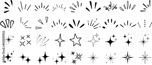 Doodle line sparkle, burst lines, and sparkle star icon vector illustration. Perfect for design, decoration, and creative projects with various shapes