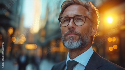 A thoughtful businessman in a modern cityscape during sunset reflecting on future challenges and opportunities