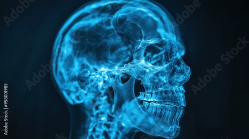 A 3D render of a glowing blue human skull in profile.