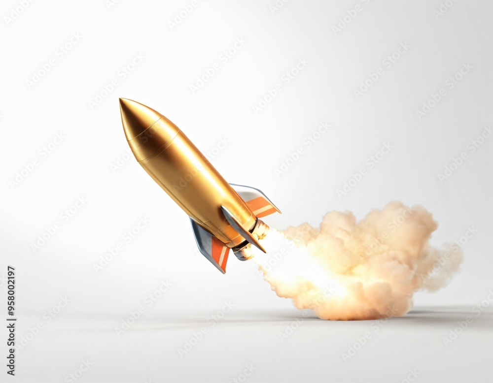 3D Realistic Metallic Rocket take off up. Flight spaceship. Icon isolated on white background Concept for start up isolated on white background. Ai generated image 3D Realistic Metallic Rocket take off up. Flight spaceship. Icon isolated on white background Concept for start up isolated on white background. Ai generated image