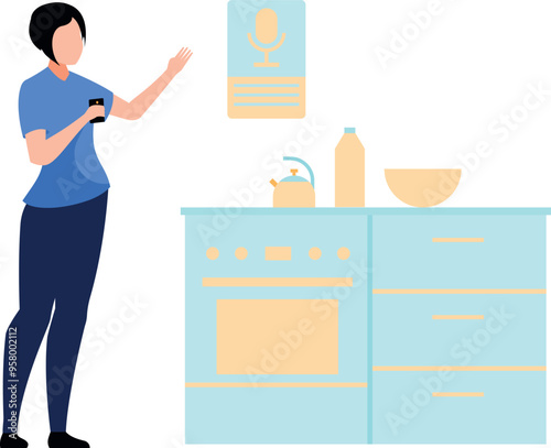 The girl is ordering in the smart kitchen.