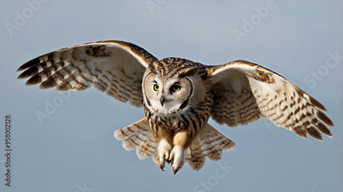 a short ear owl in mid flight with open wings  photo