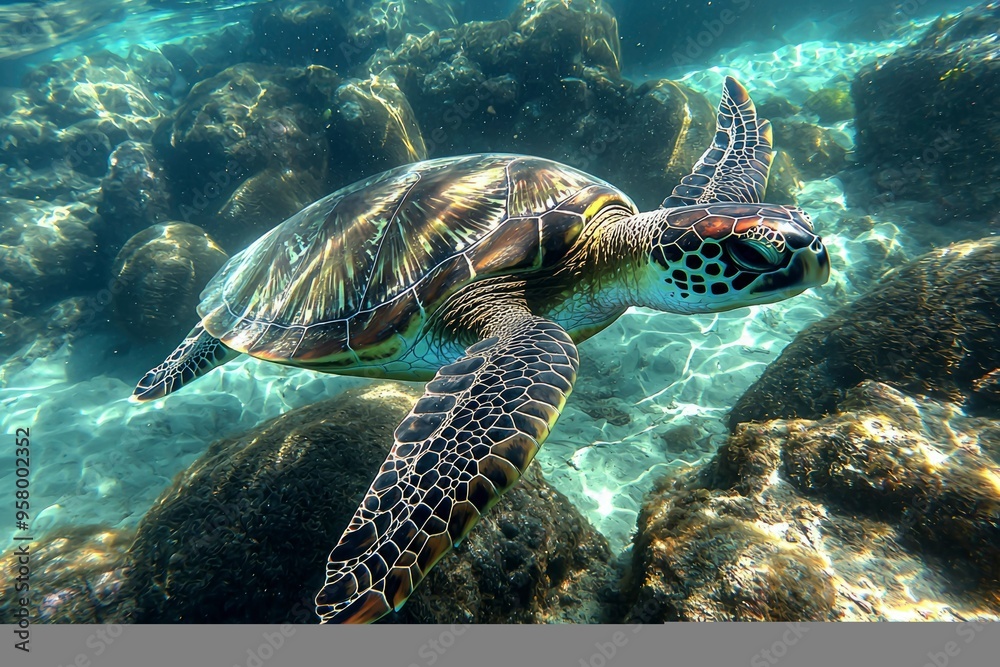 Fototapeta premium Green Sea Turtle Swimming Through Sunlit Water
