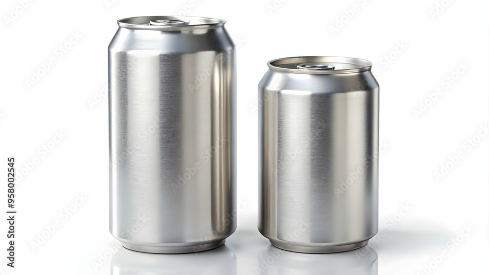 Shiny silver aluminum cans, different sizes, isolated on white background. Shiny silver aluminum cans, different sizes, isolated on white background.