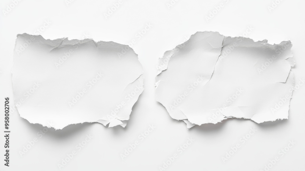 Torn sheet of paper, isolated on a white background, showcasing torn edges and texture. Torn sheet of paper, isolated on a white background, showcasing torn edges and texture.