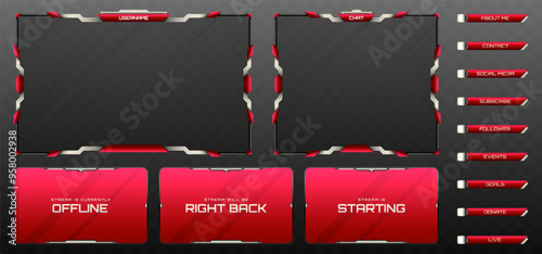 Stream Overlay Webcam Screen Frame and Stream Alert GUI Panels in Metallic Black, Silver, and Maroon Color Theme for Gaming and Live Video Streaming Platforms
