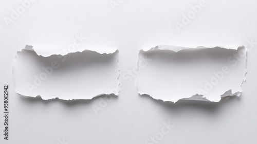 Torn sheet of paper, isolated on a white background, showcasing torn edges and texture.