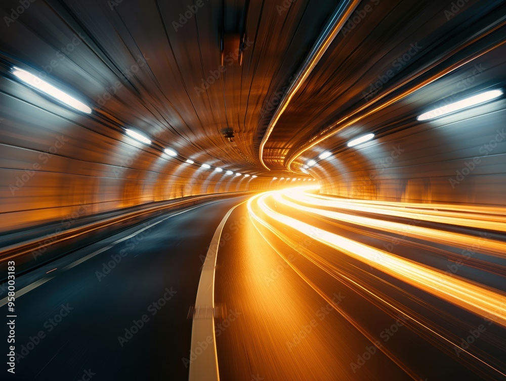 A long, illuminated tunnel captures cars in motion with streaks of light emphasizing speed and connectivity A long, illuminated tunnel captures cars in motion with streaks of light emphasizing speed and connectivity