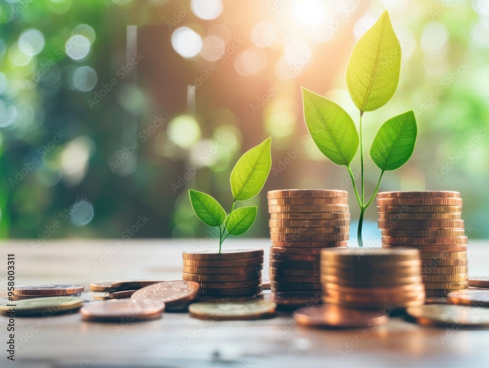 Coins stacked with sprouting leaves symbolize sustainable financial growth and investment, with copy space Coins stacked with sprouting leaves symbolize sustainable financial growth and investment, with copy space