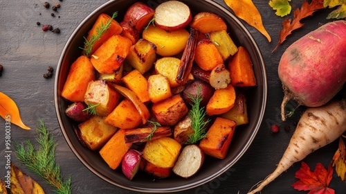 Autumn Roasted Vegetables on a Dark Wooden Background