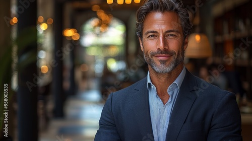 Confident professional man standing in an upscale café with elegant decor during daylight hours, showcasing a warm smile and stylish attire