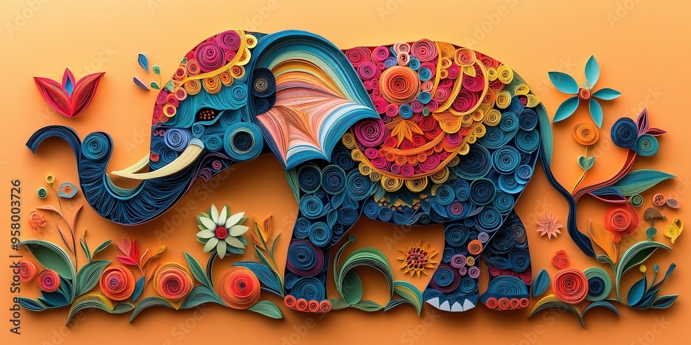 Diwali Banner with Paper-Quilled Elephant Adorned in Festive Decorations on a Colorful Background