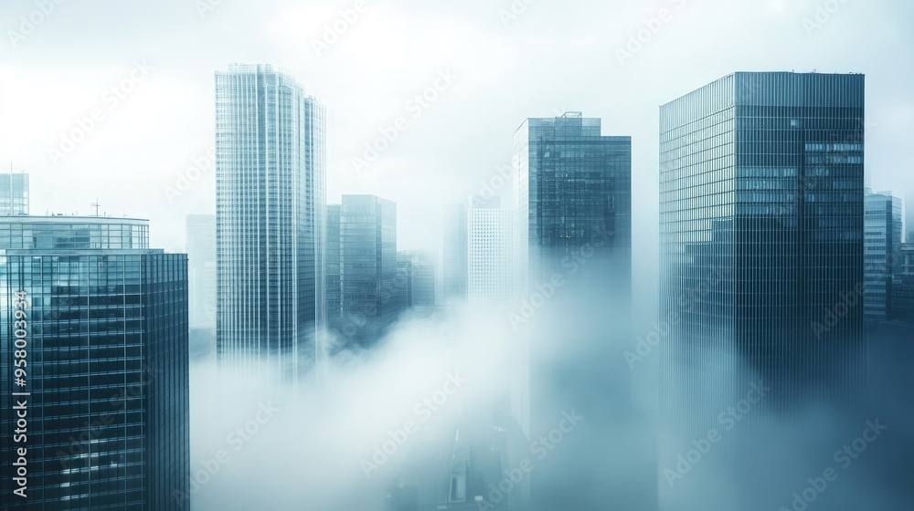 A foggy morning in a big city with tall buildings partially obscured by mist, offering a mysterious and atmospheric urban scene. Plenty of space for copy or text. A foggy morning in a big city with tall buildings partially obscured by mist, offering a mysterious and atmospheric urban scene. Plenty of space for copy or text.