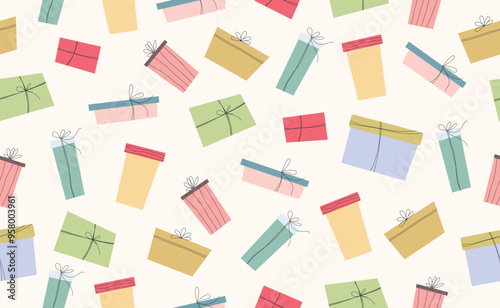 Funny Christmas seamless pattern in trendy Groovy Retro 70s cartoon character. Cute gift box. Vector illustration.	
