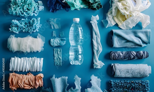 Empty plastic bottle and various fabrics made of recycled polyester fiber synthetic fabric on a blue background. 