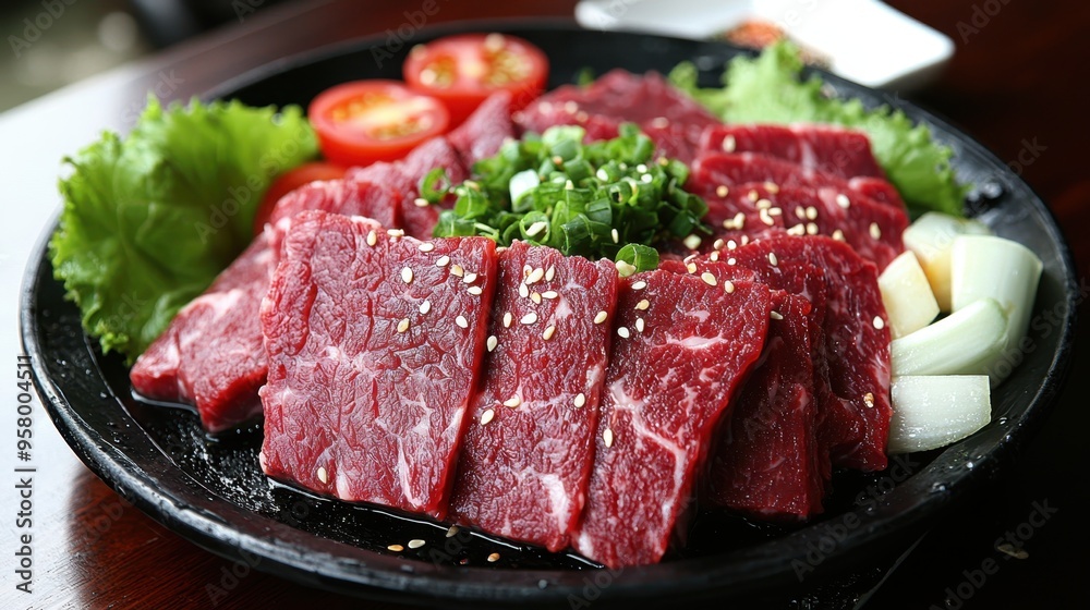 Savory Beef Ribs on Black Plate with Sesame Seeds and Green Onions, Tomatoes, and Lettuce - Culinary Delight and Healthy Eating Concept Savory Beef Ribs on Black Plate with Sesame Seeds and Green Onions, Tomatoes, and Lettuce - Culinary Delight and Healthy Eating Concept