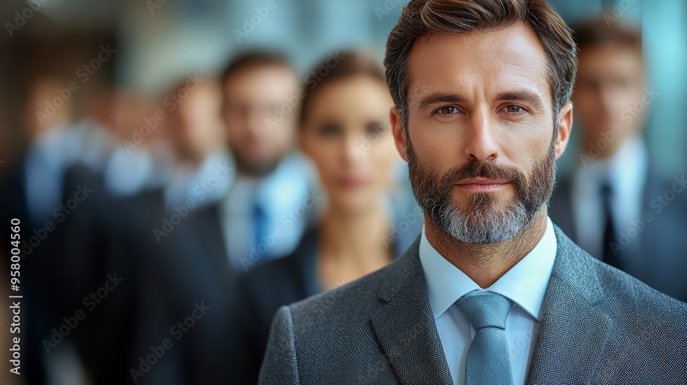 Confident business leader stands in front of a group of professionals at a corporate event in a modern office setting Confident business leader stands in front of a group of professionals at a corporate event in a modern office setting