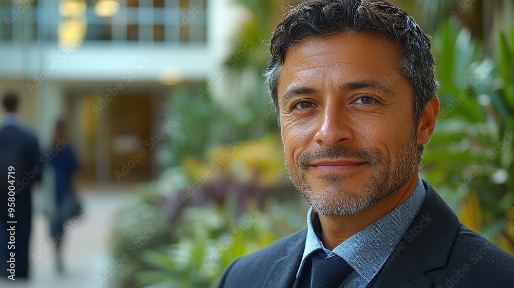 Fototapeta premium A confident man smiles warmly in a lush garden setting during a professional event on a sunny afternoon