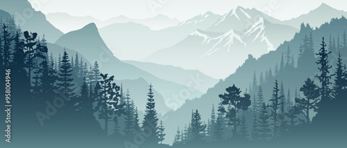 Sunrise in the mountains, wild forested gorge, misty silhouettes of ridges, vector illustration