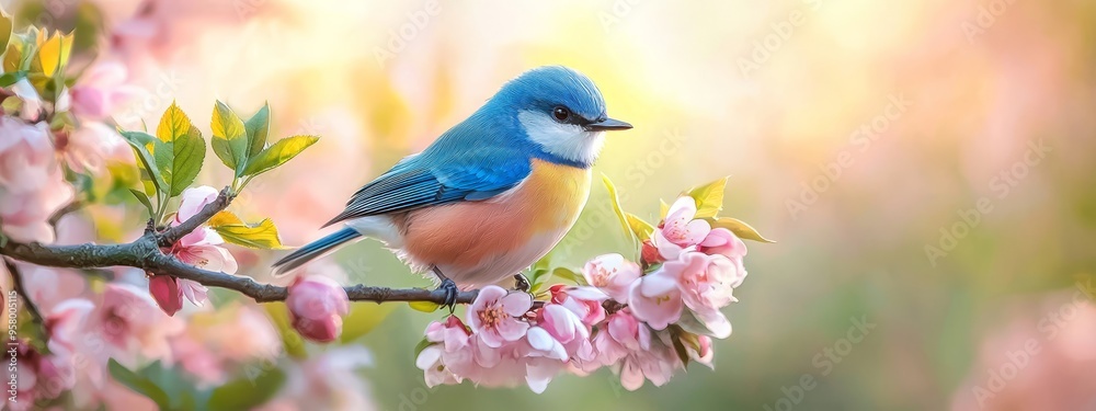 A bluebird perches on a tree branch, surrounded by pink flowers in the foreground, while the background softly blurs A bluebird perches on a tree branch, surrounded by pink flowers in the foreground, while the background softly blurs