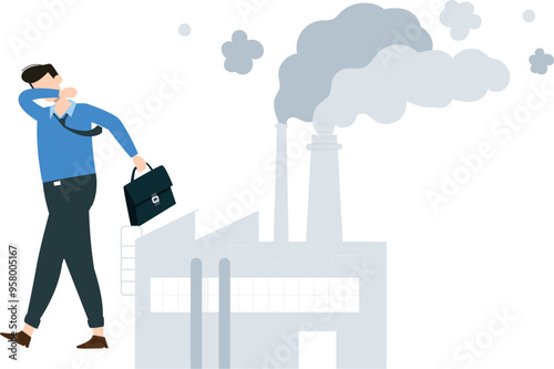 The boy is walking away from the pollution of the factory.