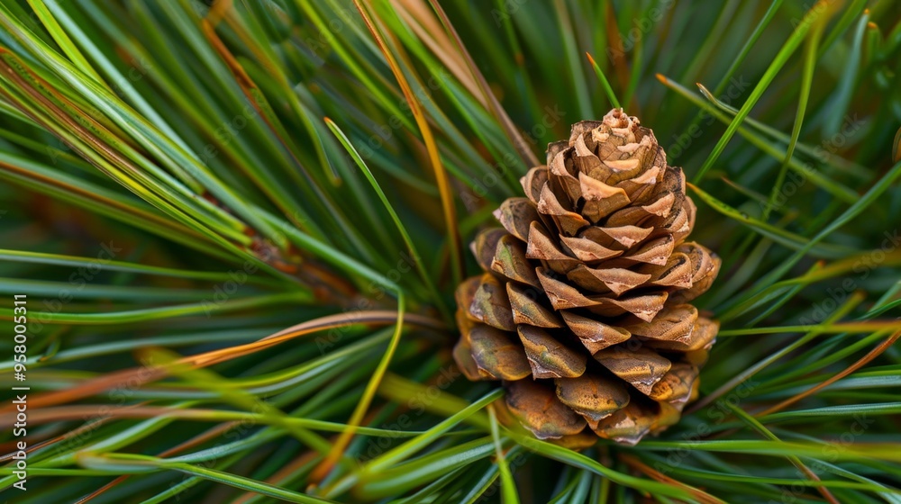 Fototapeta premium Natural Beauty: Pine Cone Resting in Lush Green Needles