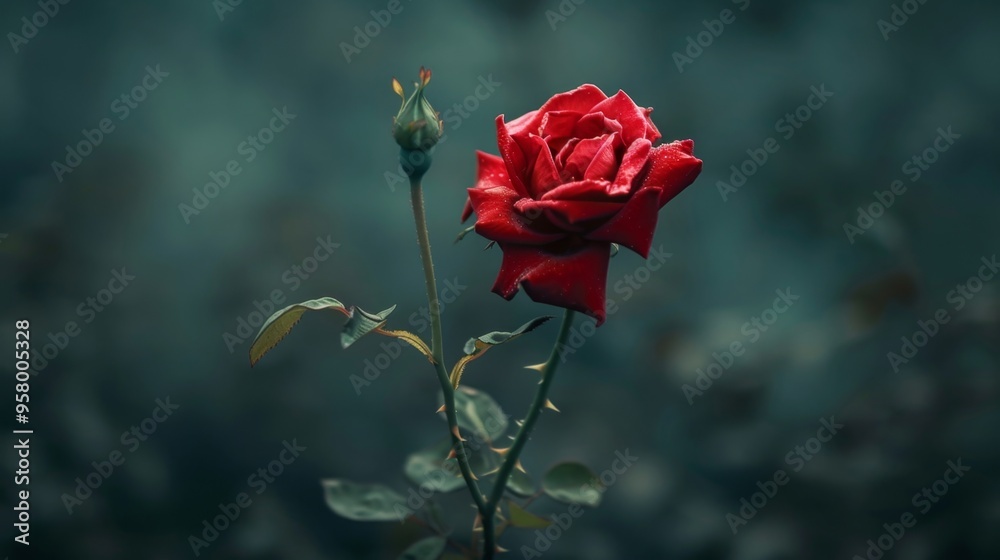 Obraz premium Solitary Red Rose with Velvety Petals in Bloom