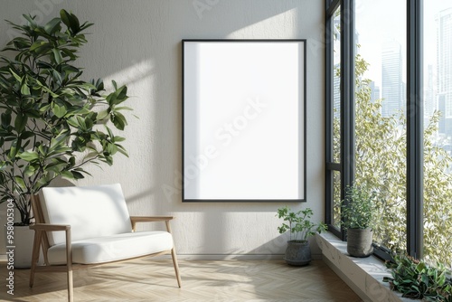 Poster Frame in Beige minimalist living room interior created with generative AI