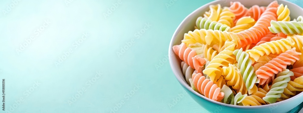 A bowl of macaroni and cheese against a blue backdrop A green cloth beside it A bowl of macaroni and cheese against a blue backdrop A green cloth beside it