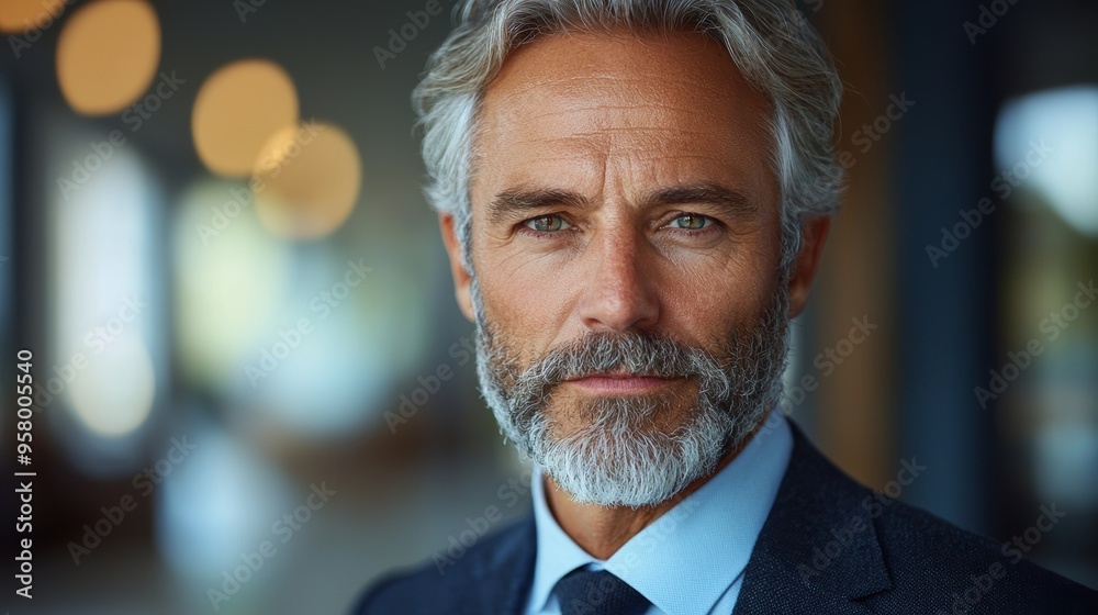 A confident man with silver hair and a neatly groomed beard poses professionally in a modern office setting during daylight