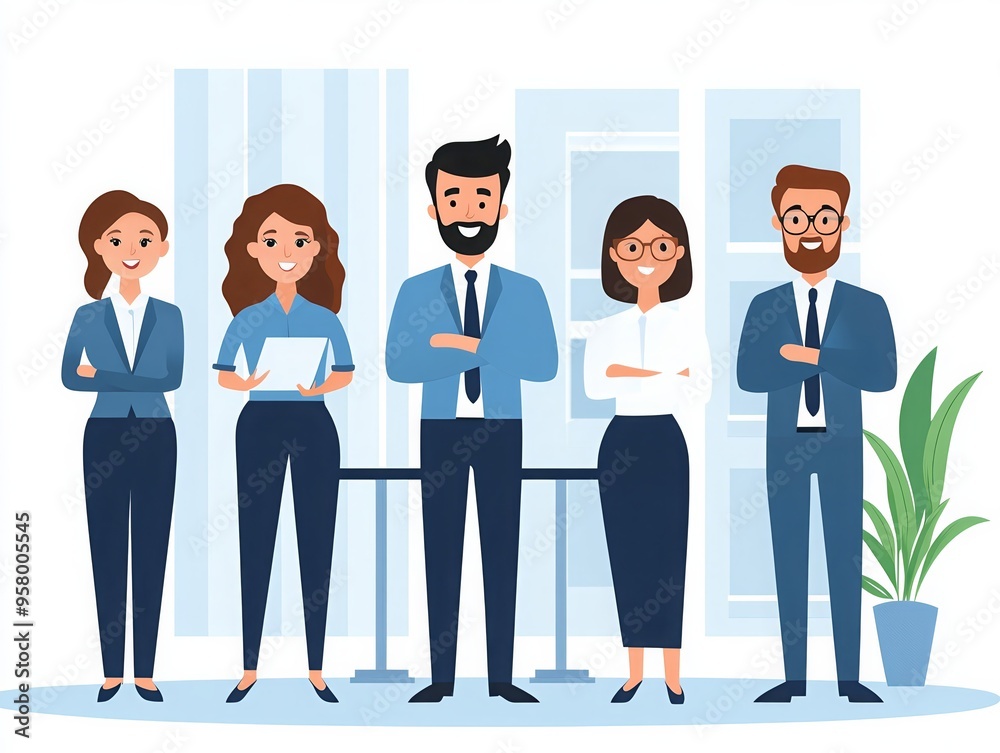 Illustration of a professional team standing together in an office setting, depicting teamwork and corporate culture. Illustration of a professional team standing together in an office setting, depicting teamwork and corporate culture.