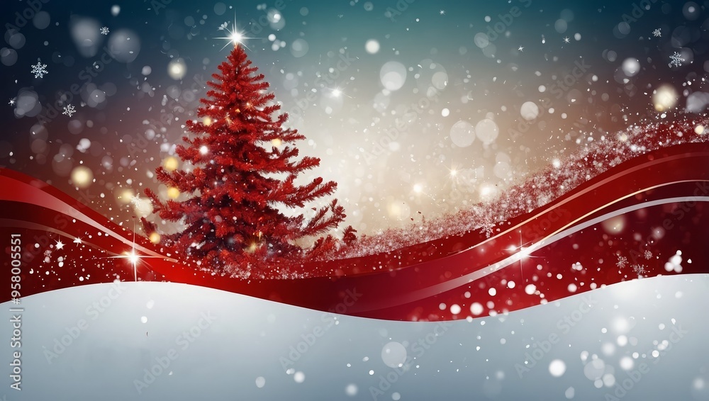 Christmas and New Year glowing red vector banner with snow wave, glitter, stars, snowflakes and christmas tree Christmas and New Year glowing red vector banner with snow wave, glitter, stars, snowflakes and christmas tree
