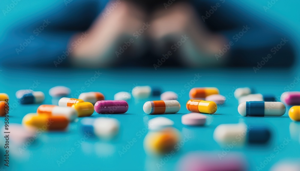 Colorful capsules and tablets scattered on a table, representing diverse medications and health solutions. Colorful capsules and tablets scattered on a table, representing diverse medications and health solutions.