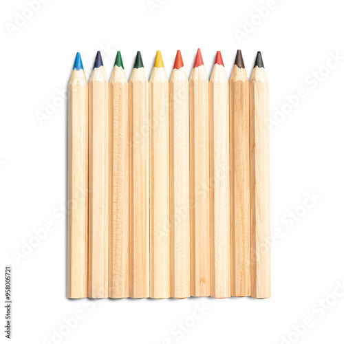 Set of natural wood-colored pencils neatly arranged in a row, showcasing a variety of colors.die cut photo