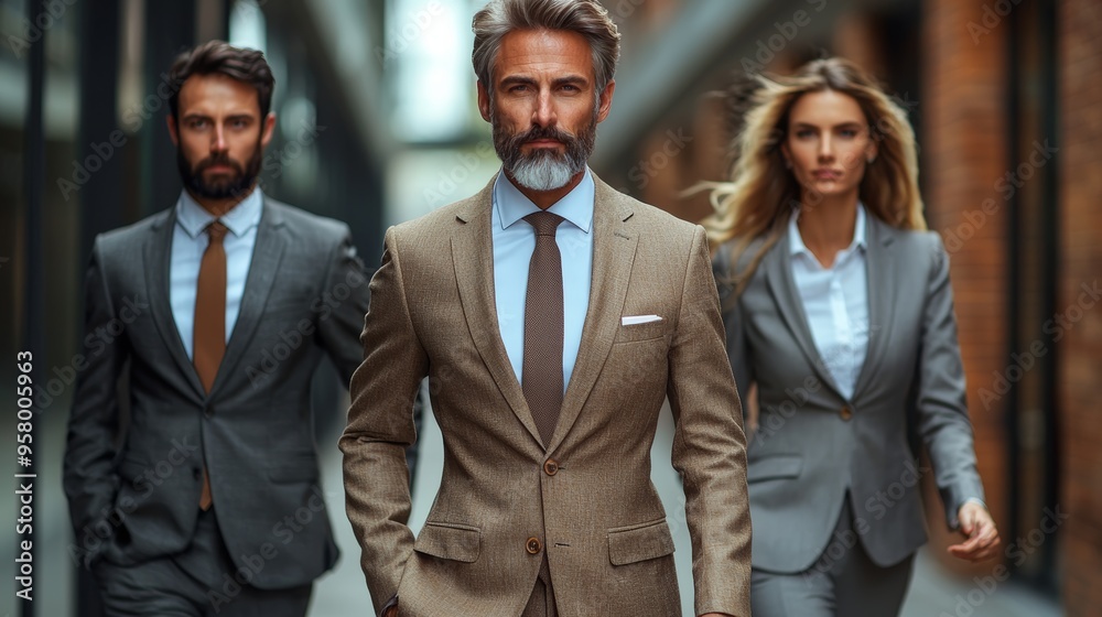 Business professionals walking confidently in a modern urban setting on a sunny day, showcasing stylish attire and leadership Business professionals walking confidently in a modern urban setting on a sunny day, showcasing stylish attire and leadership