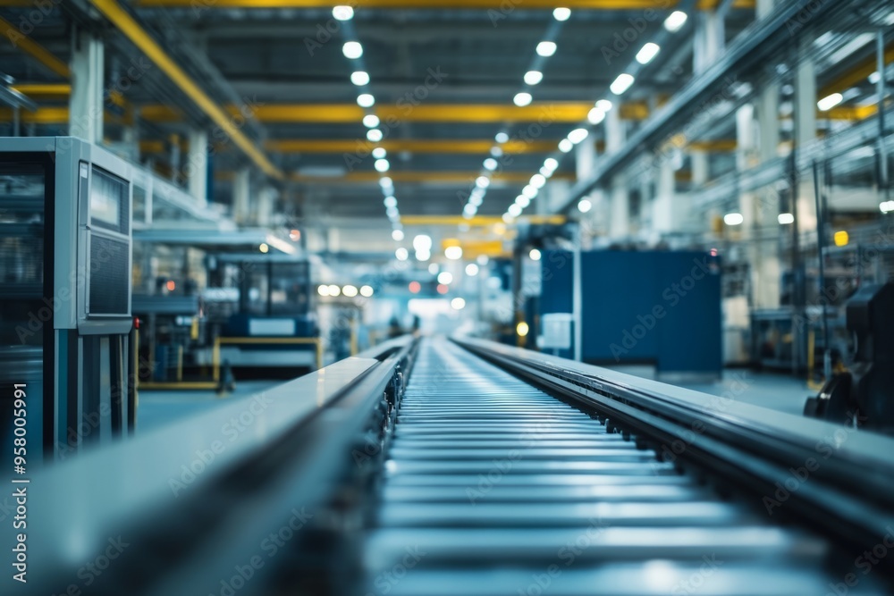 A modern factory interior with an industrial style. The image shows a conveyor belt leading into the distance. It highlights manufacturing and automation processes. Generative AI A modern factory interior with an industrial style. The image shows a conveyor belt leading into the distance. It highlights manufacturing and automation processes. Generative AI
