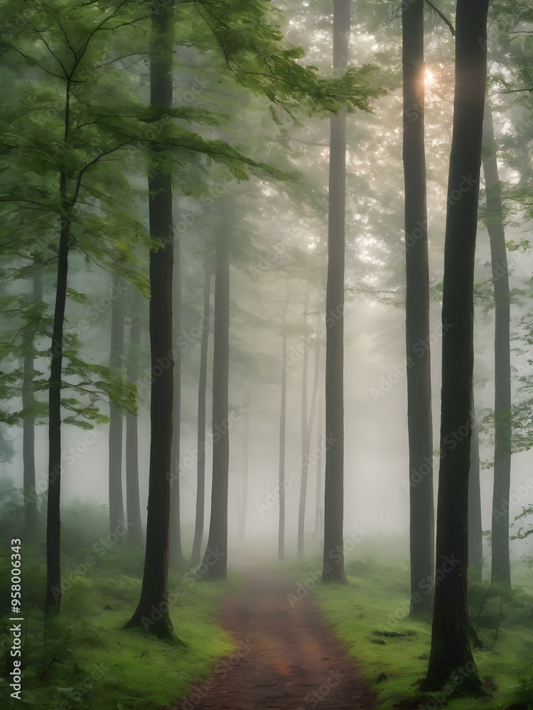 Obraz premium Foggy morning forest background with muted green tones