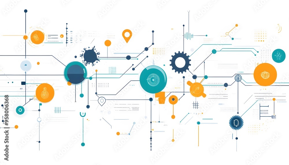 Abstract Technological Network with Connected Circles, Lines, and Gears Abstract Technological Network with Connected Circles, Lines, and Gears