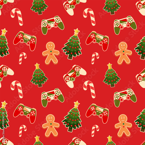 Game Christmas seamless pattern with gamepad or joystick in gingerbread palette and New Year attributes for printing on T-shirt, wrapping paper etc. Vector illustration