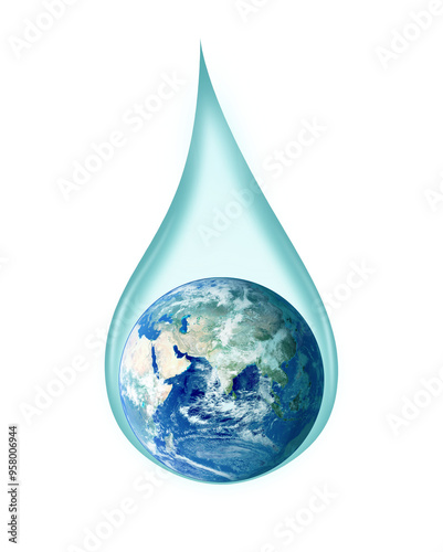 Fototapeta Naklejka Na Ścianę i Meble -  Earth in water drop. Lack of water concept on earth isolated on transparent background. Earth day or World Water Day concept. Elements of this image furnished by NASA
