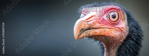  Close-up of a bird's head against a black-and-white background; beak is black and red photo