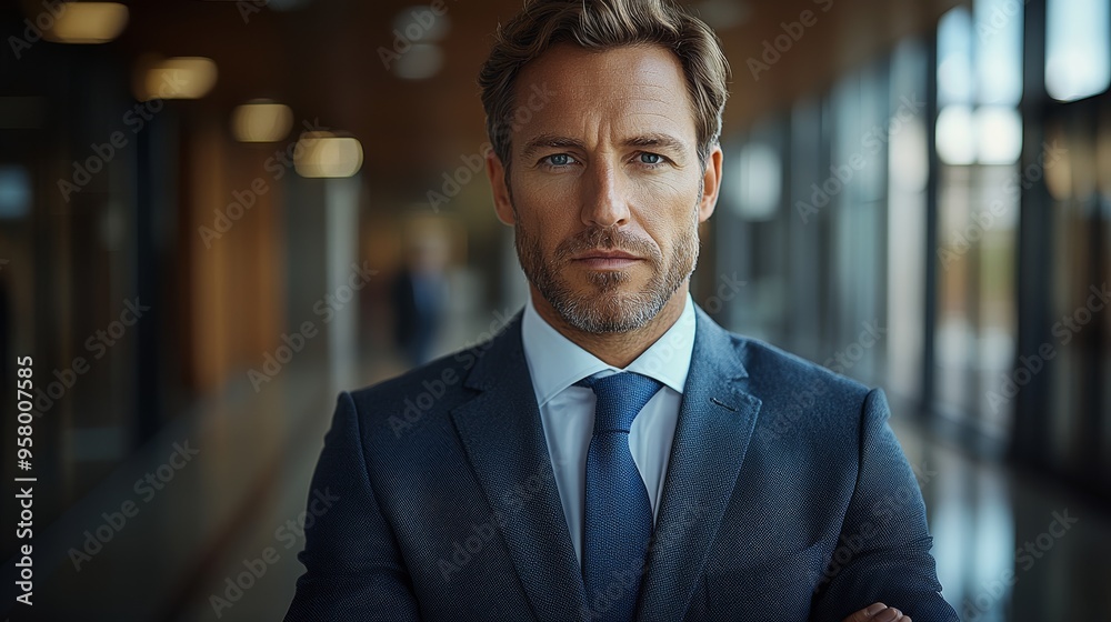 Confident businessman in formal attire stands in a modern office corridor during daylight hours Confident businessman in formal attire stands in a modern office corridor during daylight hours