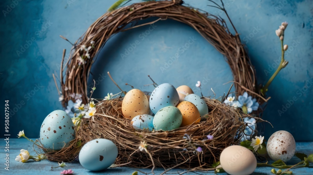 Obraz premium Spring-themed blue backdrop with Easter eggs and nest