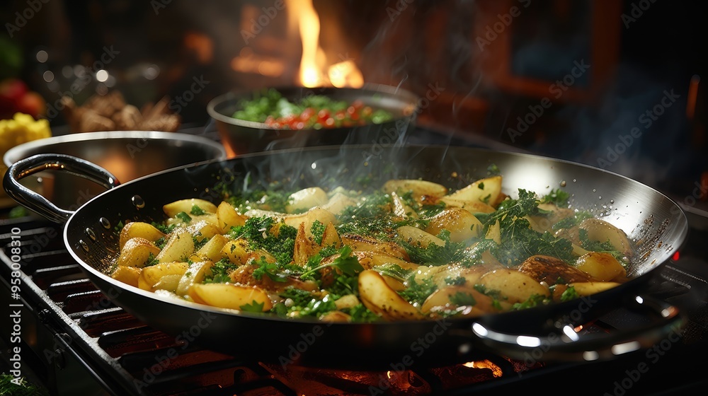 French fries cooking. Grid with strips hop potato in boiling oil. French fries cooking. Grid with strips hop potato in boiling oil.